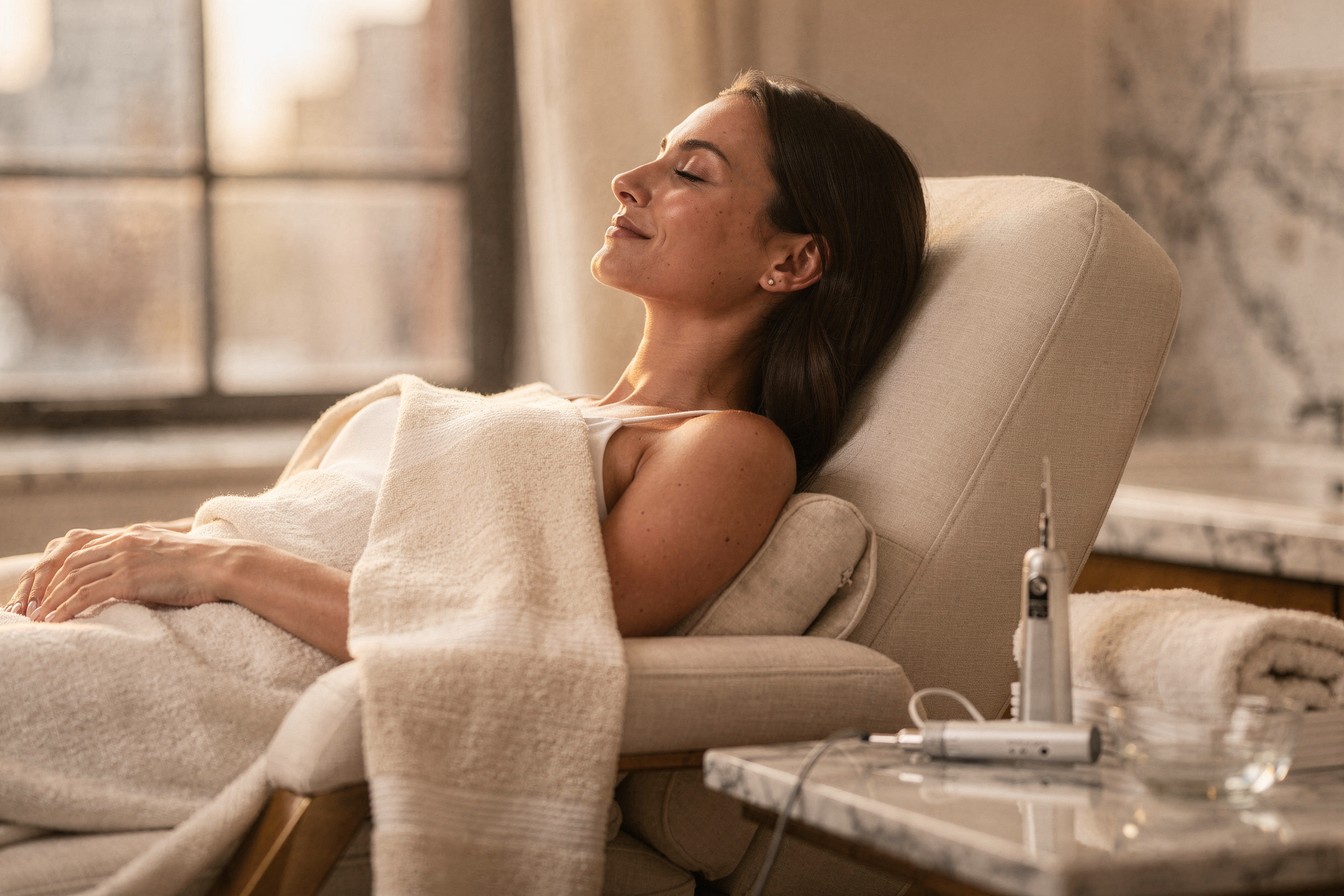 Patient relaxing in treatment chair during microneedling procedure at Natural Beauty Fifth Avenue
